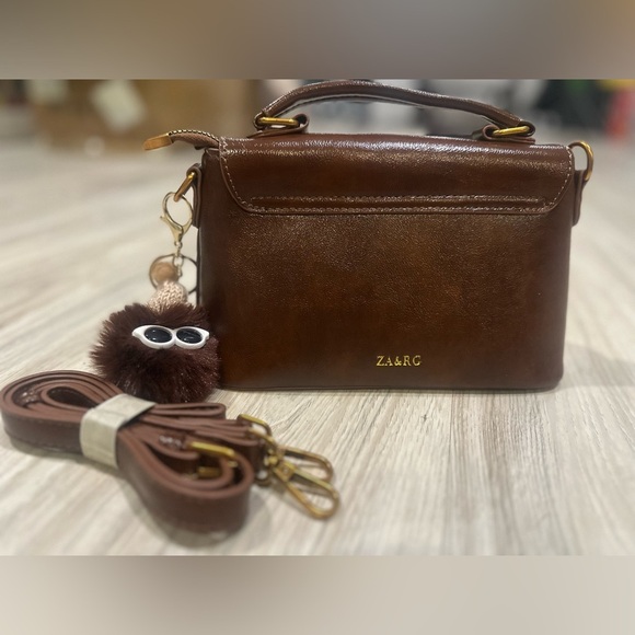 Brand New Brown Mini Satchel Crossbody Bag with Strap & Charm - Picture 3 of 9
